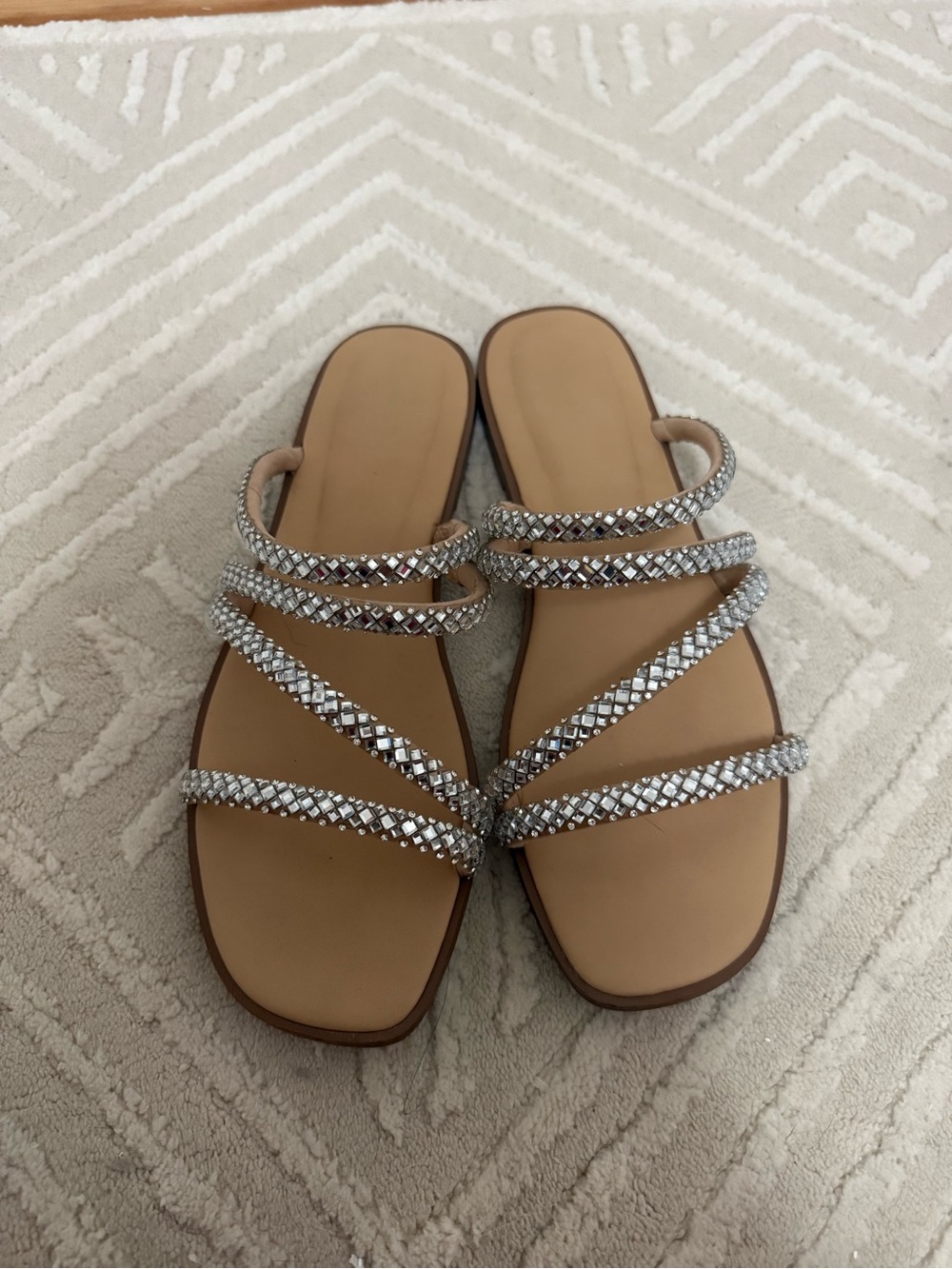 Aldo Tan Slide Sandals with Silver Crystal Straps